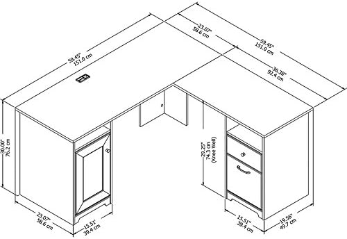 Pemberly Row 60 L Shaped Wood Computer Desk White Finish Transitional Style with Storage Cabinet Drawers Fluted Glass Door Wire Management Durable Home Office Desk for Multiple Monitors