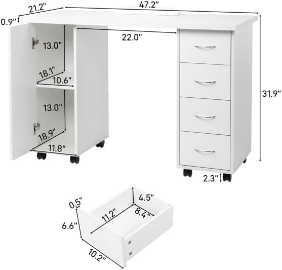 White Rolling Home Office Computer Desk Corner Desk Rolling Desk with Storage Drawers Home Office Desks Home Table with Drawers &amp Cabinet Modern Writing Desk On Wheel Nail Table with Drawer W