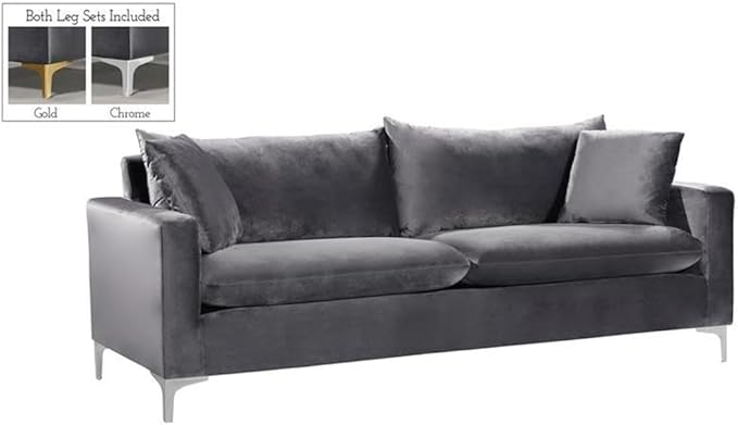 Meridian Furniture Naomi Collection Modern | Contemporary Grey Velvet Upholstered Sofa with Stainless Steel Base in a Rich Gold or Chrome Finish
