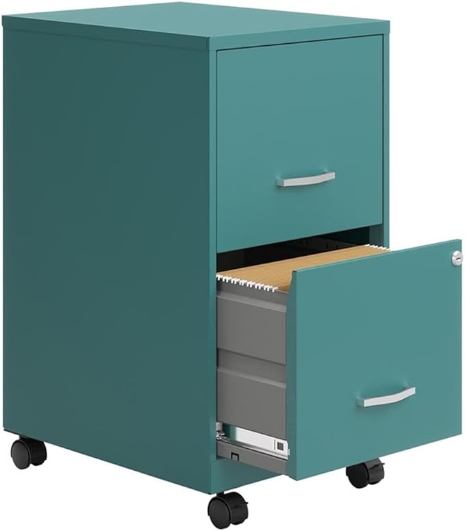 Pemberly Row 18 2-Drawer Mobile Metal File Cabinet Teal Finish Locking Casters Commercial Grade Ball-Bearing Slides Tamper-Resistant Drawers Office Storage and Organization Solution