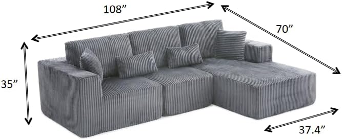 108 Boneless Cloud Sectional Couches for Living Room Comfy Fluffy L Shaped Memory Foam Deep Seat Boneless Couch Modular Sectional Sofa with Right Facing Chaise Dark Grey