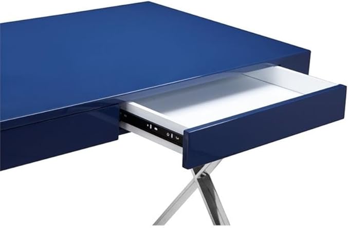 Pemberly Row Modern Writing Desk Glossy Navy Lacquer Finish High Polished Steel X-Legs 30 H x 24 W x 47 D Rectangular Design 2 Drawers Fully Assembled Top Home Office Desk