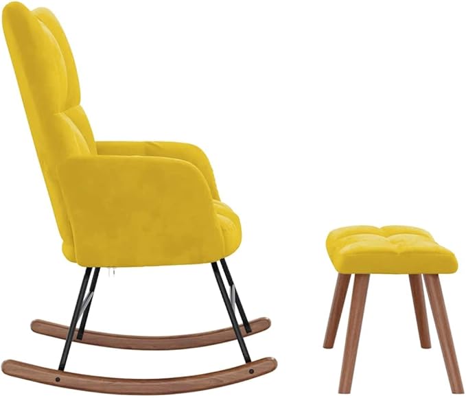vidaXL Stylish Mustard Yellow Velvet Rocking Chair with Matching Stool Set - Comfortable Foam Padding Steel Frame and Wood Rocking Rails