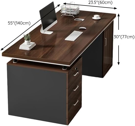 LITFAD Office Desk Modern Computer Desk Brown Wood Writing Desk with Black Sled Base Locking Drawer and Cabinet Home Office Furniture - Without Chairs 55 L x 24 W x 30 H