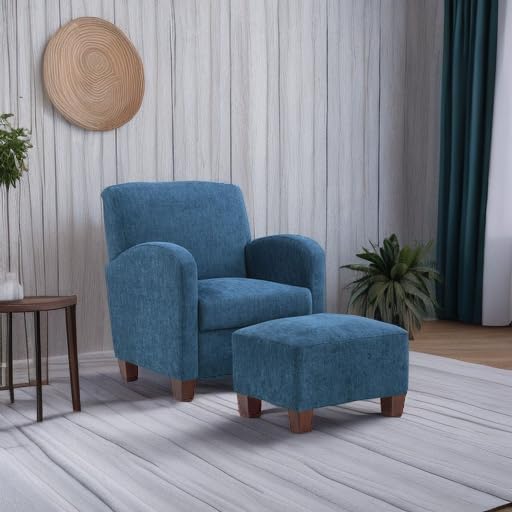 OSP Home Furnishings Aiden Club Accent Chair and Matching Ottoman with Medium Espresso Legs Herringbone Navy Fabric