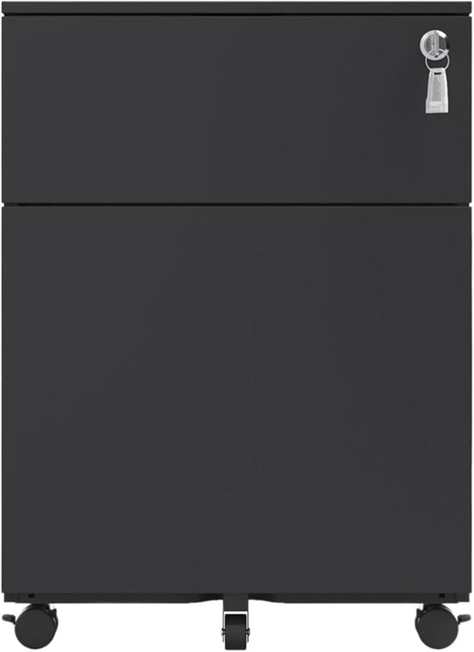 Mobile File Cabinet Steel Mobile File Cabinet with 2 Drawers Lock Steel File Cabinet for Home Office Letter A4(Black)