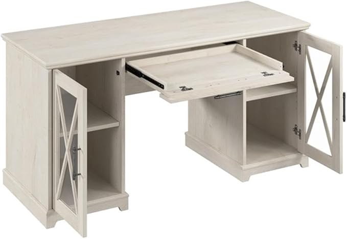 Bush Furniture Lennox 60W Farmhouse Desk with Storage and Keyboard Tray in Linen White Oak | Computer Table for Home Office Workspace