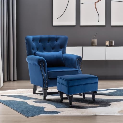 chairus Mid-Century Modern Accent Chair with Ottoman Comfy Velvet Single Sofa Chair Button Tufted Wingback Armchair with Pillow for Living Room/Bedroom/Club - Blue