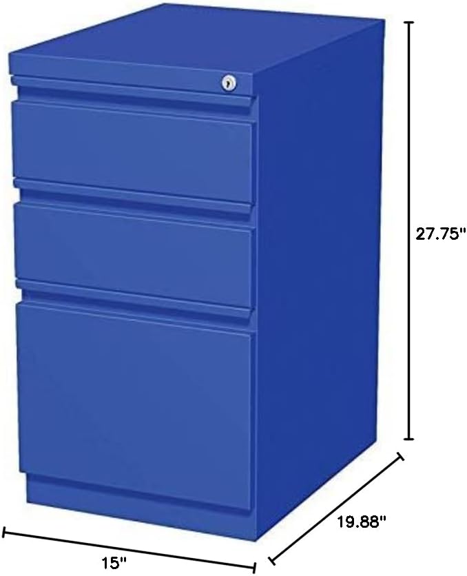 20 3-Drawer Modern Metal Mobile Pedestal Filing Cabinet in Blue