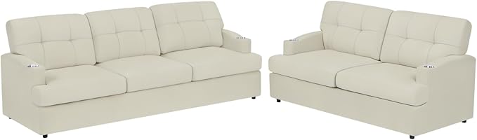 Chenille Modern Sofa Set with Cup Holder Tufted Upholstered Couch and Lovesaet with Thickened Cushions Comfy 3 Seater and 2 Seater Sofa with Deeper Seat for Living Room ApartmentBeige