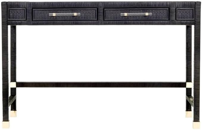 Pemberly Row Modern Rattan Desk 47.2 W x 15.8 D x 31.1 H Wood Frame with Glass Top Charcoal Finish 2 Soft-Close Drawers Handmade Contemporary Writing Desk for Home or Office