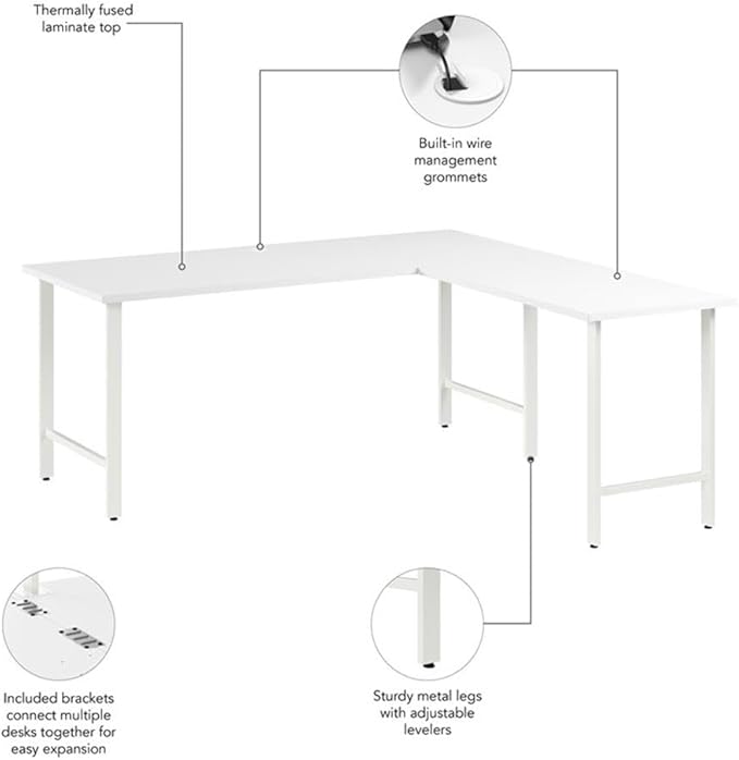 Bush Business Furniture Hustle 72W x 30D L Shaped Computer Desk with Metal Legs in White Modular Corner Table for Home and Professional Office