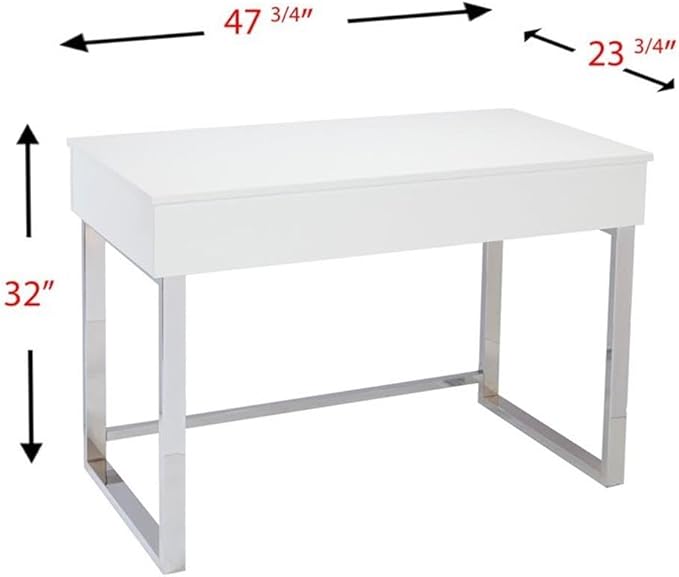 BOWERY HILL Modern Adjustable Height Wood &amp Metal Sit-Stand Desk 47.75 W x 23.75 D x 32 H High Gloss White Finish Ergonomic Lift-Top with Hidden Storage Contemporary Style Home Office Desk