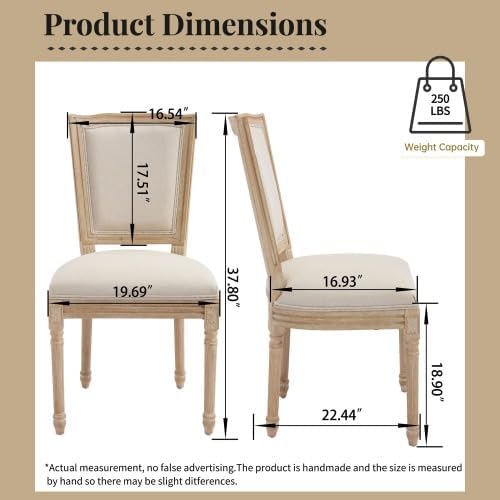 KEIKI Set of 2 Accent Chairs French Country Style Upholstered Chairs with T-Shaped Back &amp Carving Details Solid Wood Framework for Living Room Kitchen Natural