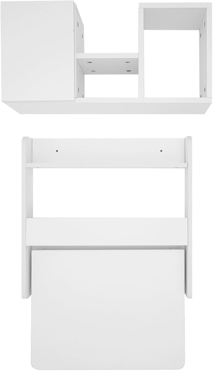 Wall Mounted Folding Table Solid Wood Floating Desk for Small Spaces with Storage Shelves Fold Down Laptop Desk Functional Hanging Bookshelf for Home Living Room Office (White)