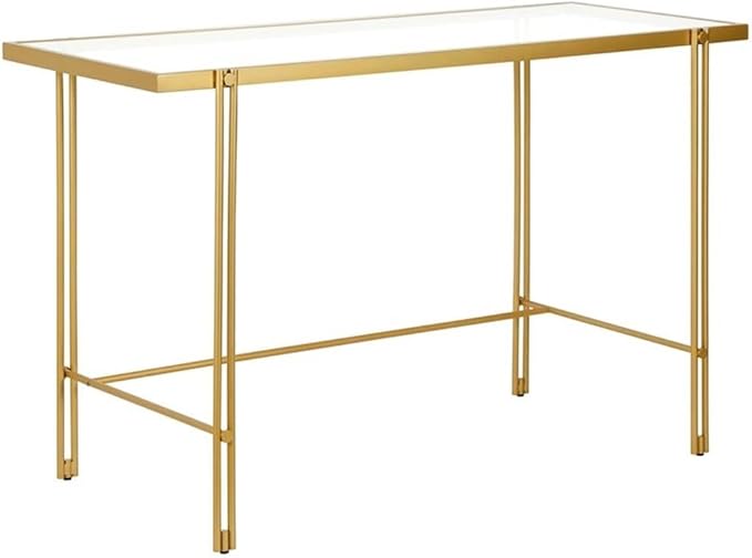 Pemberly Row Contemporary 48 Home Office Desk Brass Finish Metal Frame Tempered Glass Top Streamlined Modern Style Open Lower Space Ideal for Home Office Game Room or Vanity Area