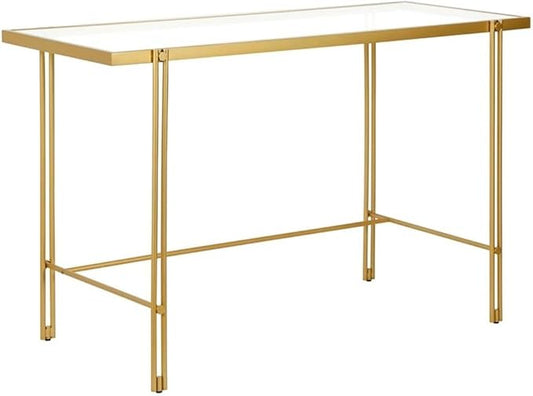 Pemberly Row Contemporary 48 Home Office Desk Brass Finish Metal Frame Tempered Glass Top Streamlined Modern Style Open Lower Space Ideal for Home Office Game Room or Vanity Area