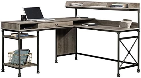 Pemberly Row L-Shape Wood and Metal Computer Desk Northern Oak Finish 60.75 in Wide Built-in USB Ports Cord Management Pencil Drawer Elevated Shelving Industrial Style Home Office Desk