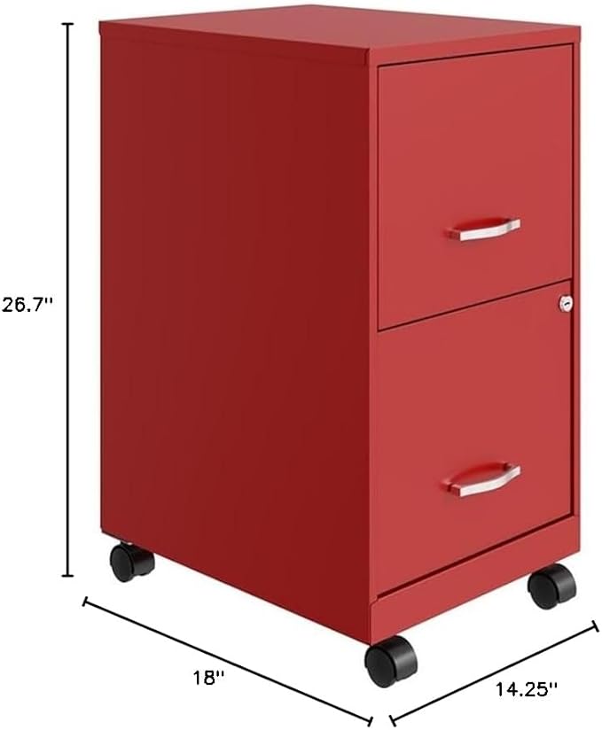 Pemberly Row 2-Drawer Metal Vertical Filing Cabinet 18 in Depth Red Finish Lockable Mobile Office Storage with High-Side Drawers Easy Roll Casters Fits Under Desk Letter Size Hanging Files