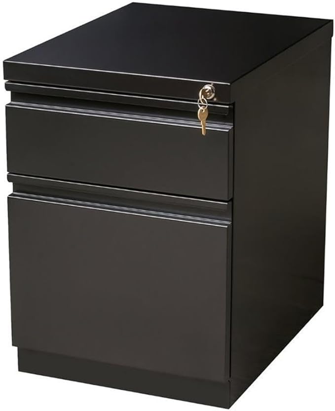Pemberly Row Mobile Pedestal Filing Cabinet 2-Drawer Box/File 20 D Metal Construction Black Finish Hidden Casters Lockable Full Extension Drawers Fits Under Work Surface Office Storage