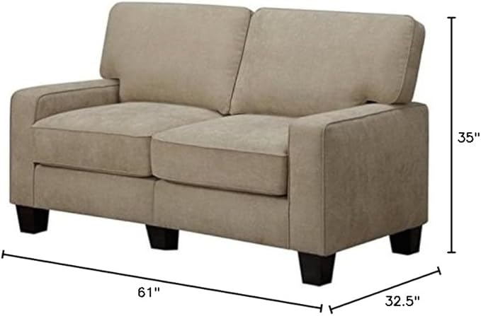 Pemberly Row Modern Fabric Loveseat 61 Wide Silica Sand Beige Finish Hardwood Frame 2 Pillows Memory Foam Cushions Small Living Spaces or Office Sofa Tool-Free Assembly