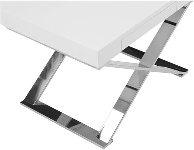 Pemberly Row Modern Side Table High Gloss Lacquer Finish High Polished Steel Metal Legs White 16 H x 21 W x 16 D Pull-Out Drawer Multifunctional End Table or Nightstand