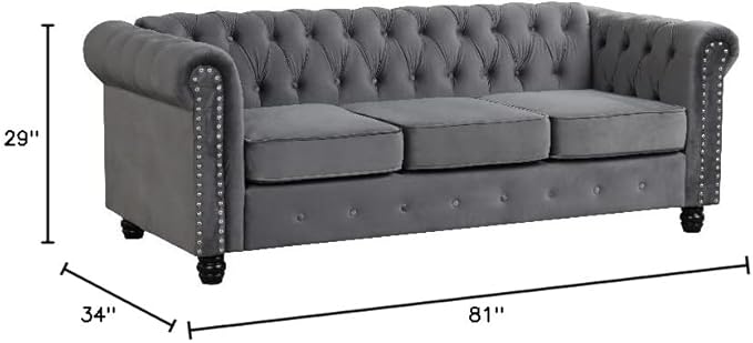 Chesterfield Button Tufted Velvet Fabric Livingroom Sofa-Gray