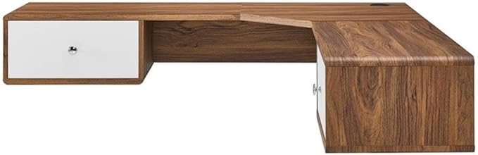 Modway Transmit 55 Wall Mount Corner Wood Office Desk in Walnut/White