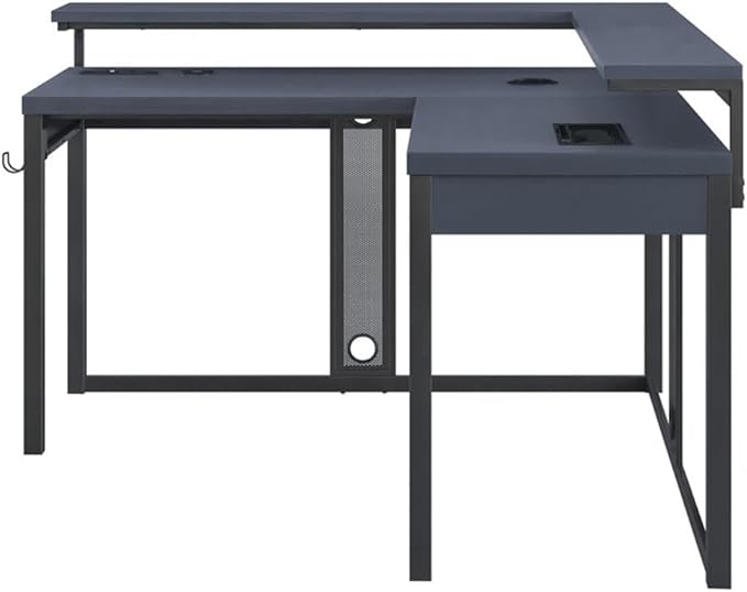 Pemberly Row L-Shape Gaming Desk 54x54x36 in Black Steel Metal Chevron PVC Finish RGB LED Lights Dual Monitor Shelves USB Charging Hub Headphone Hook Home Office or Gaming Desk