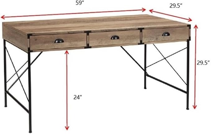 Pemberly Row 3-Drawer Engineered Wood Writing Desk Rustic Oak Finish 59 W x 29.5 D x 29.5 H Manufactured Wood and Metal Frame Modern Style Desk for Home Office Bedroom or Living Room Use