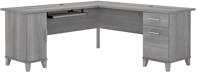 BOWERY HILL 72W L Shaped Desk with Storage Engineered Wood Platinum Gray Finish Includes Keyboard Tray File Drawer Box Drawer Adjustable Shelf Home Office Desk