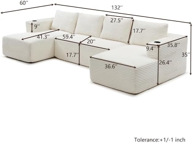 132-Inch U-Shaped Cloud Sectional Couch Symmetrical Modular Compressed Boneless Sectional Sofa with Chaise Lounges Plush Corduroy Boneless Corner Sofa W/Cupholders