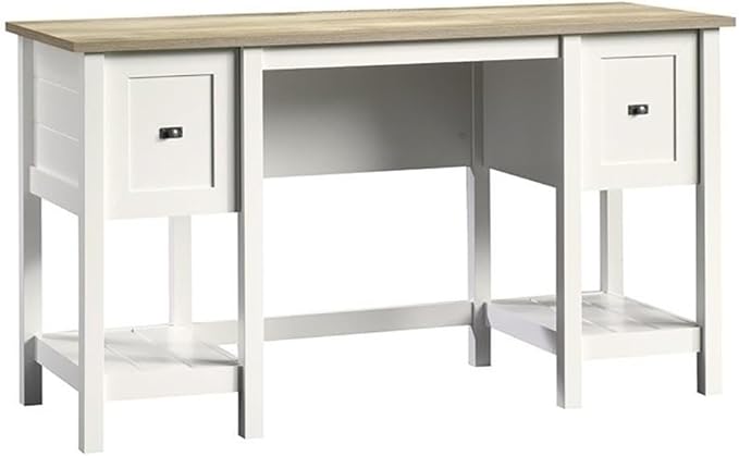Scranton &amp Co Contemporary Wood Computer Desk Soft White and Lintel Oak Finish 30 in H x 53.9 in W x 19.4 in D File Drawer 2 Storage Drawers Shelves Cottage Style Home Office Desk