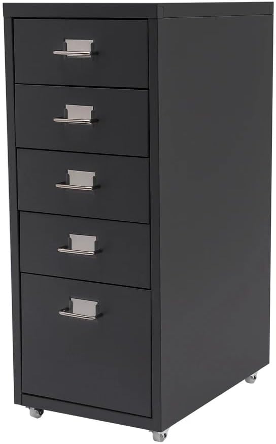 5-Drawer File Cabinet Office Filing Cabinet Stand Storage Organizer with Wheels Freestanding Rolling Storage Dresser Mutifuctional Tool Organizer for Kitchen Bedroom Living Room (Black)