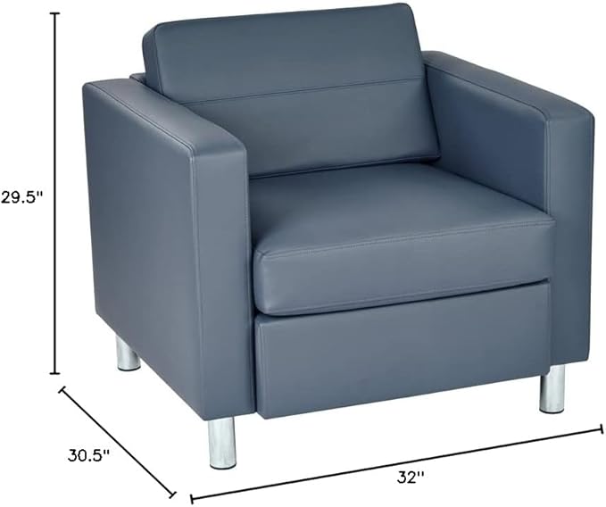 Pemberly Row Faux Leather Armchair Blue Vinyl Upholstery 32 W x 30.5 D x 29.5 H Silver Metal Legs Contemporary Club Chair for Living Room or Guest Seating