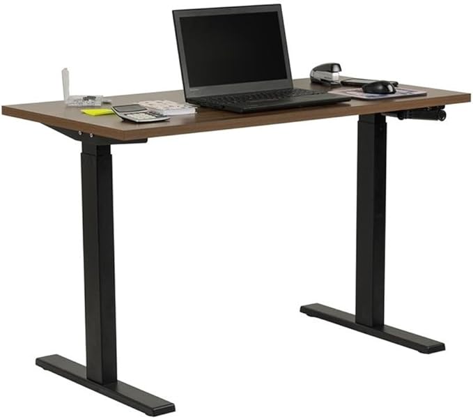 Pemberly Row Adjustable Height Desk 47.25 Wood Worksurface in Danish Walnut Black Steel Base Ergonomic Design Crank Height 27.75-47.5 in Home Office or Study Desk