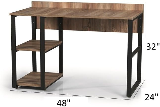 Rasse Black Metal Frame Wooden Top Computer Desk Desk for Home Office Oak - 2 Shelves Writing 58