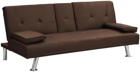 Convertible Folding Futon Sofa Bed with Metal Legs &amp 2 Cupholders Modern New Upholstered Couch Loveseat Sleeper Folding Couches Bed Removable Armrests for Small Spaces (Brown)