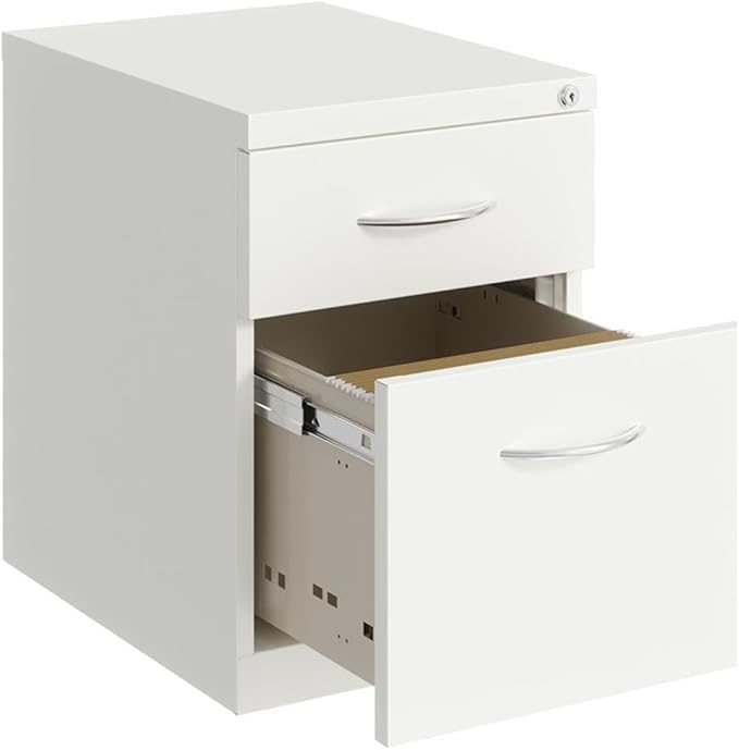 BOWERY HILL Metal Mobile Pedestal File Cabinet 20 Depth 2 Drawer Box-File White Finish Commercial-Grade Construction Hidden Casters Core-Removable Lock Compact Size for Office or Under Desk