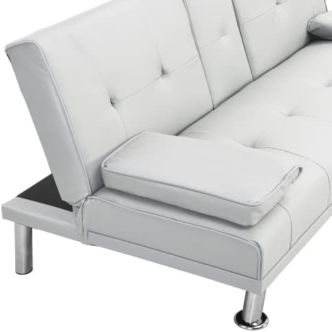 Convertible Folding Futon Sofa Bed Leather Upholstered Modern Couch Loveseat Sleeper Folding Daybed Guest Bed Removable Armrests 2 Cup Holders Metal Legs (White)