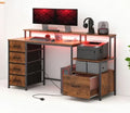 66.9'' Gaming Desk with 4 Fabric Drawers &amp File Cabinet Modern Computer Desk with Power Outlets and LED Lights Home Office Desk PC Desks for Home Office Study (Brown)
