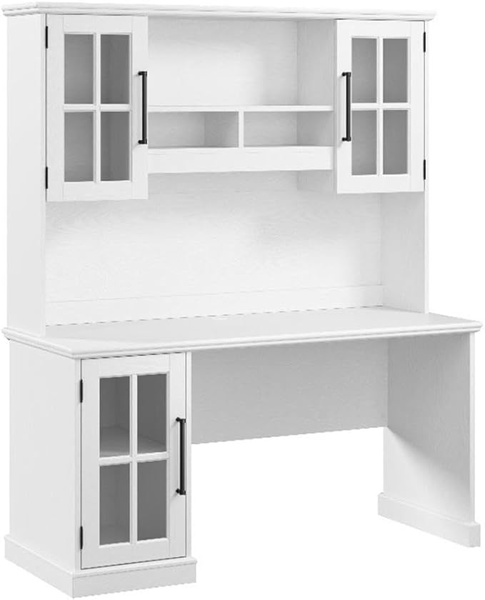 BOWERY HILL Modern 60W Computer Desk with Hutch White Ash Finish Storage Cabinet with Glass Doors Adjustable Shelves Matte Black Handles Home Office Desk Spacious Work Surface