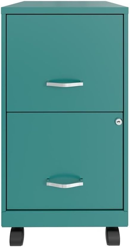 Pemberly Row 18 2-Drawer Mobile Metal File Cabinet Teal Finish Locking Casters Commercial Grade Ball-Bearing Slides Tamper-Resistant Drawers Office Storage and Organization Solution