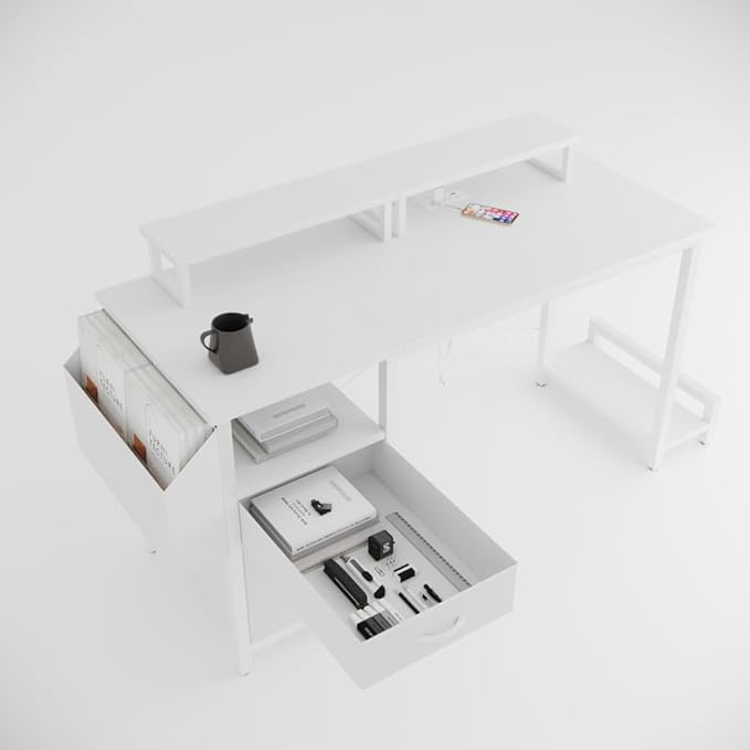 Office Desk with Power Outlet2 Monitor Stands2 DrawersSide PocketEasy to AssembleFrame Stability Reversibleuse for Home Desk Computer Desk Game TableWhite