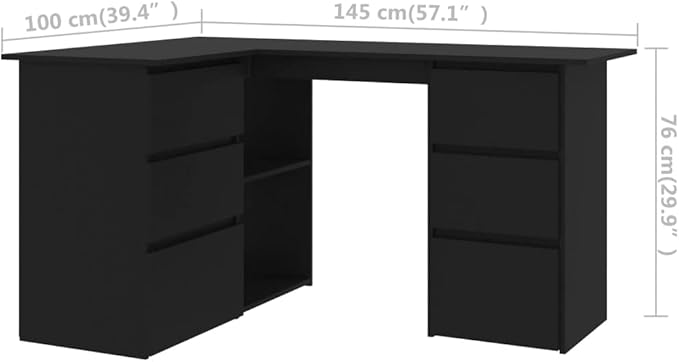 L-Shaped Writing Desk Corner Computer Desk with Drawer and Shelves 57.1in Study Table Workstation for Home Office Multipurpose PC Laptop Table Work Table Office Desk (Black)
