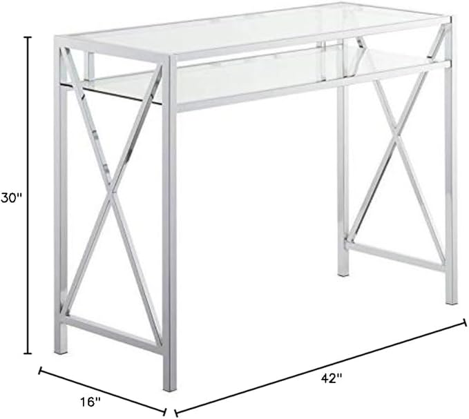 Pemberly Row 42-Inch Desk Clear Tempered Glass Desktop Chrome Metal Frame Additional Storage Shelf Modern Home Office Desk 42 x 16 x 30 Inches Stylish Workspace Furniture