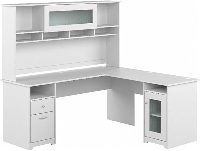 Pemberly Row 72W L-Shaped Computer Desk with Hutch Engineered Wood White Finish Built-in Wire Management Storage Cabinet File Drawer Adjustable Shelves Home Office Desk with Stable Design