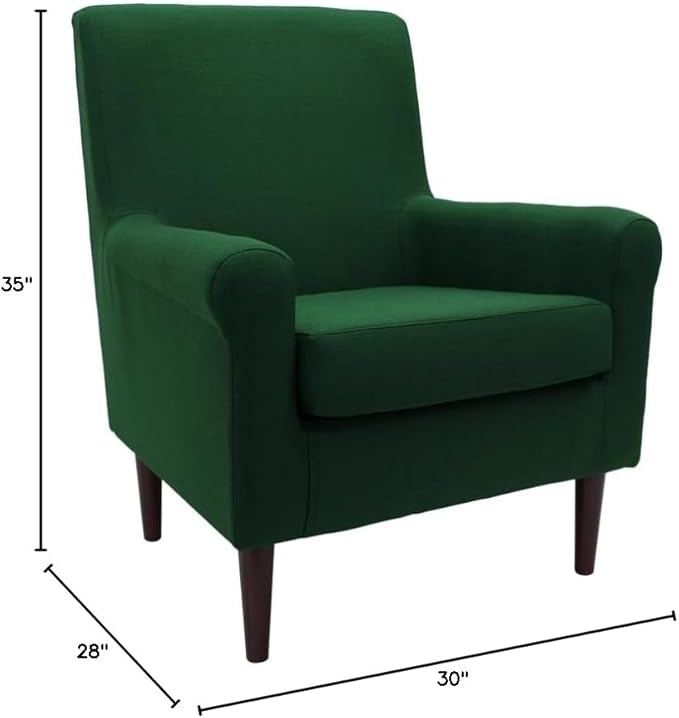 Pemberly Row Rolled Arm Lounge Chair 35 H Fabric Upholstery Emerald Green Finish 17.5 Seat Height Contemporary Accent Chair for Living Room or Bedroom