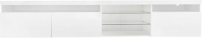 Merax Unique Design TV Stand with 2 Glass Shelves and LED Color Changing Lights Ample Storage Space Media Console for Television Up to 100 Versatile Cabinet for Living Room White