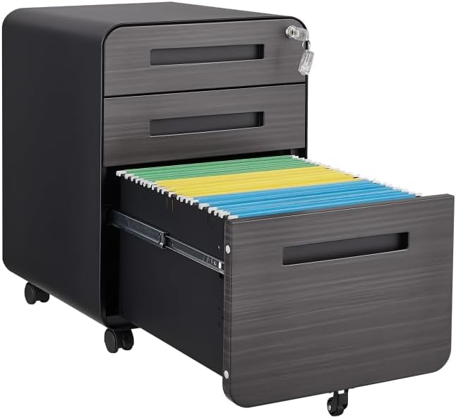3-Drawer Mobile Filing Cabinet with Lock Legal/Letter Sized Office Storage Suitable for Offices and Study Rooms (Black Wood)